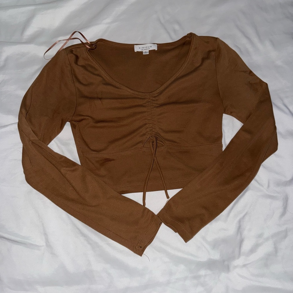 Brown Ruched Crop Blouse with Tie Front